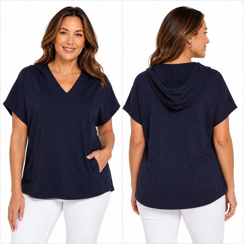 Weekends By Chico's Shirt Womens XL Blue V Neck Short Sleeve Hooded Knit Top